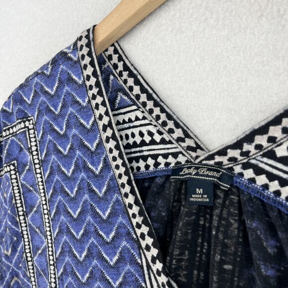 LUCKY BRAND Blouse M Chevron Double V-Neck Button Up Boho Tribal Cap Sleeve Blue - Picture 6 of 13